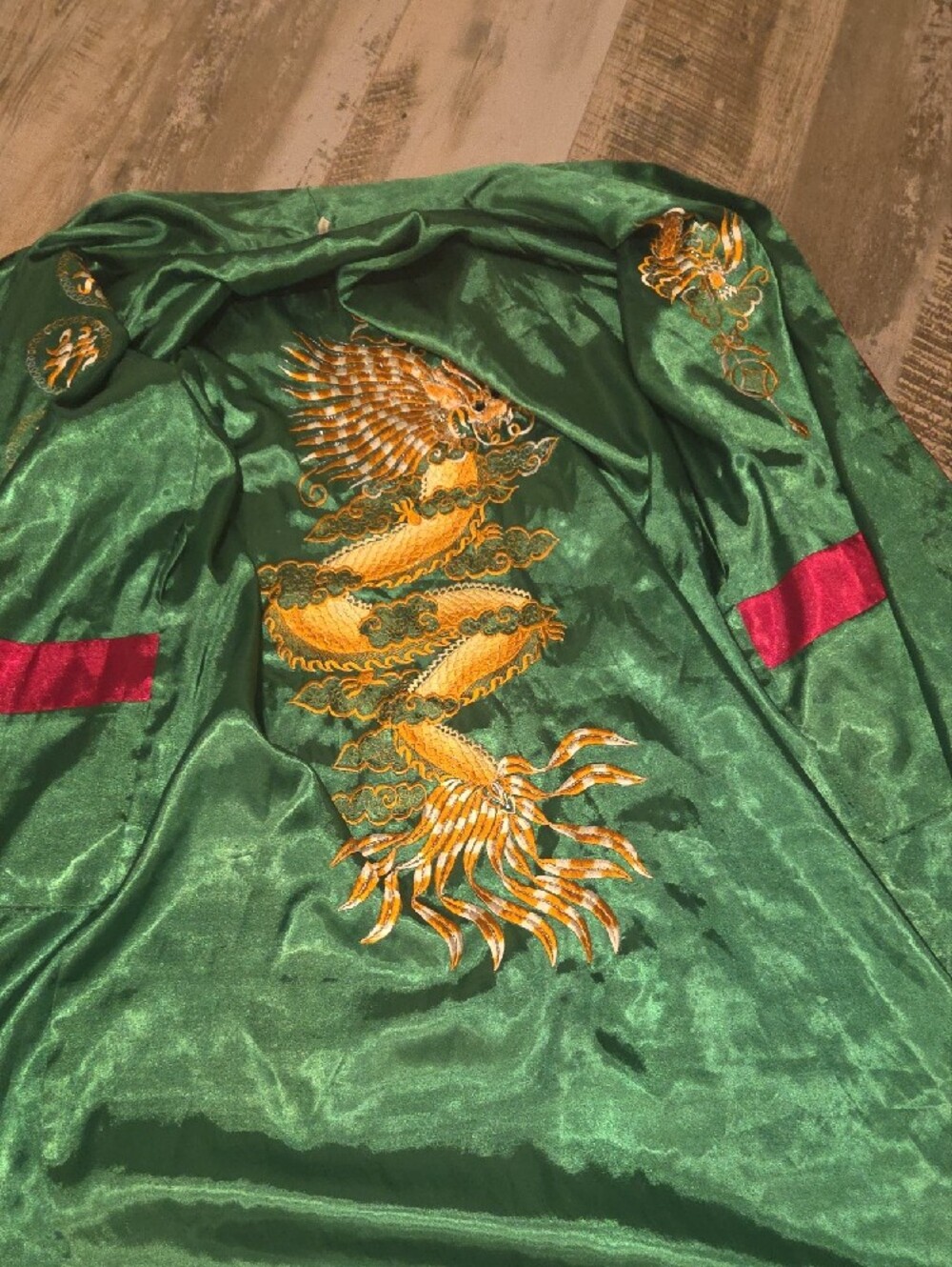 Women's Satin Kimono Robe with Dragon Embroidery - Red/Green